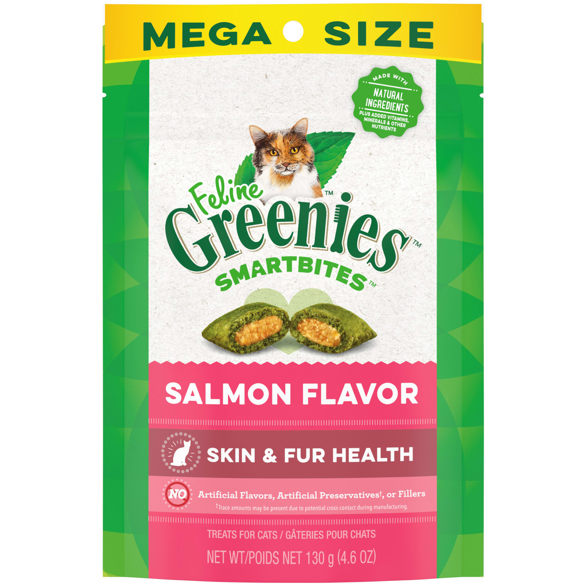 Greenies Smartbites Salmon Flavor Skin  Fur， Crunchy and Soft Natural Cat Treats， 4.6 oz.