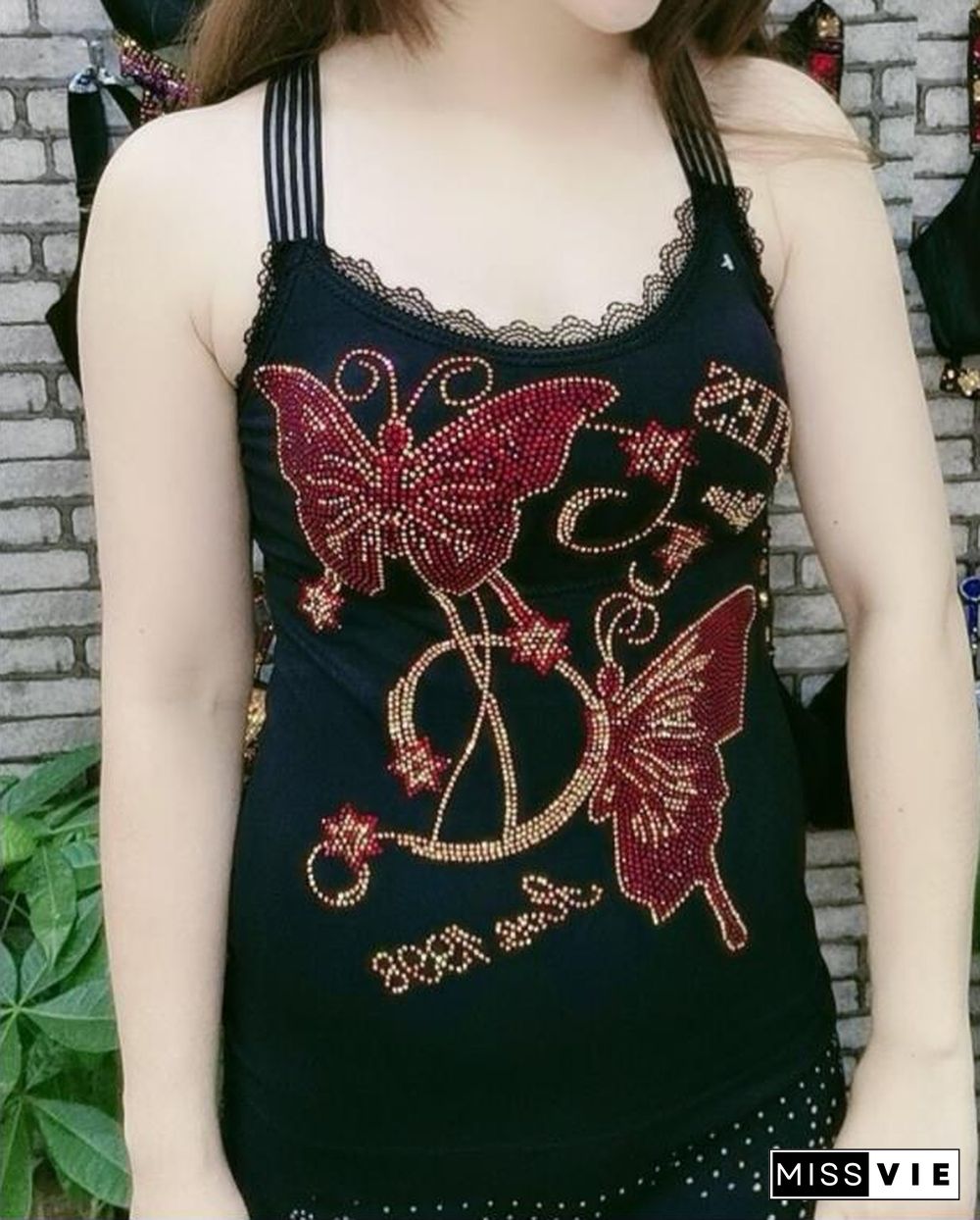 Fashion Women's Padded Gemstones Camisole Femme Lady Shiny Bling Bling Camis Women Rhainstones Butterfly Padded Tanks Tops