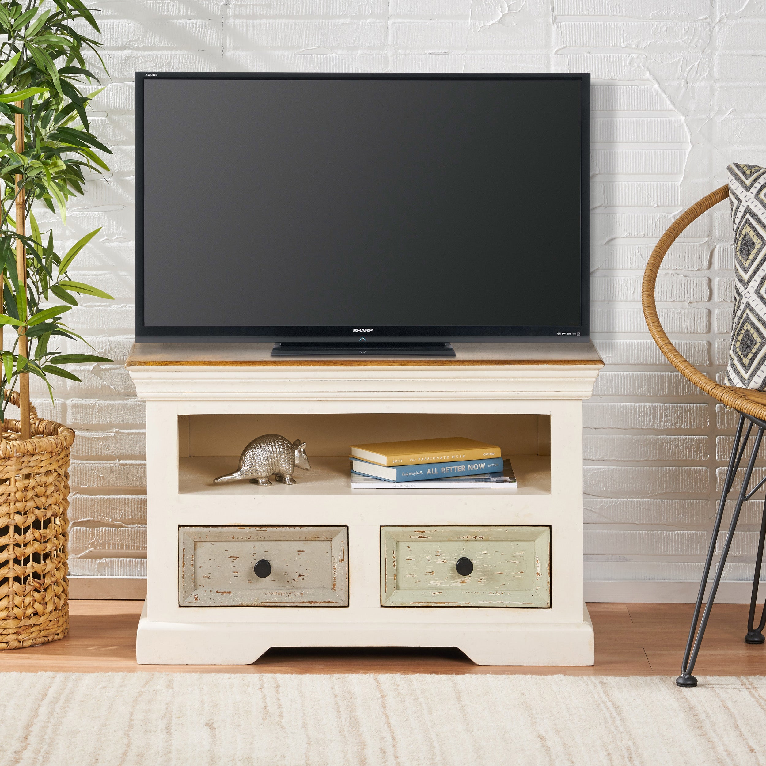 Drax Shabby Wooden 2 Drawer & Shelf TV Stand