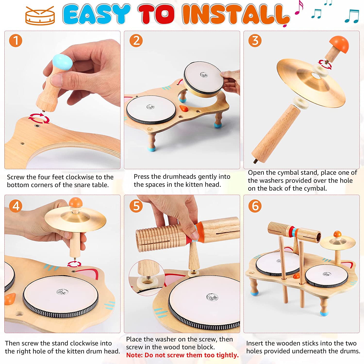 Sweet time Kids Drum Set， Baby Musical Instruments Toys for Toddlers， 6 in 1 Wooden Percussion Instruments Toddler Drum Set Sensory Toys Montessori Toys Birthday Gifts for Boys and Girls