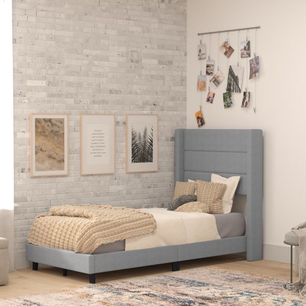 Hollis Twin Upholstered Platform Bed with Wingback Headboard， Mattress Foundation with Slatted Supports， No Box Spring Needed， Gray Faux Linen