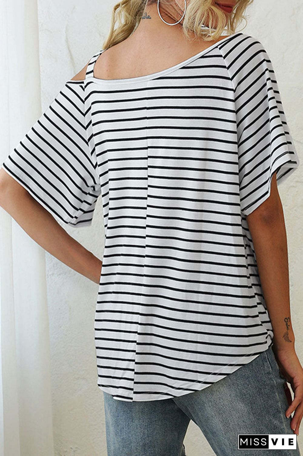 Fashion Street Striped Oblique Collar T-Shirts