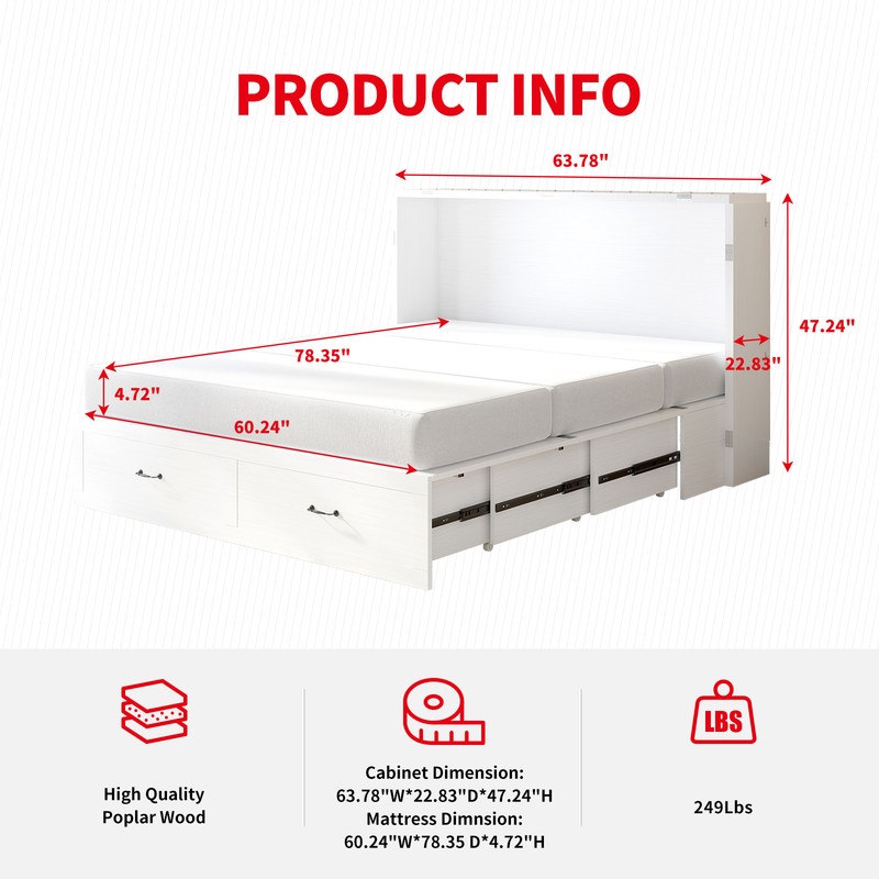 Mixoy Hidden Murphy Chest Bed with USB Ports Drawers Convertible Folding Horizontal Cabinet Bed with Mattress