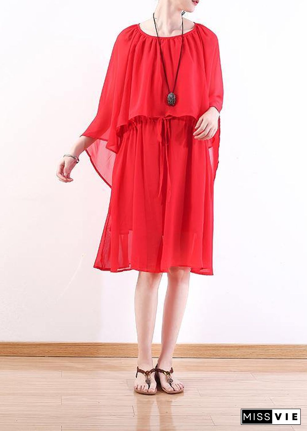 DIY red chiffon Wardrobes plus size Work o neck Batwing Sleeve Summer Dresses