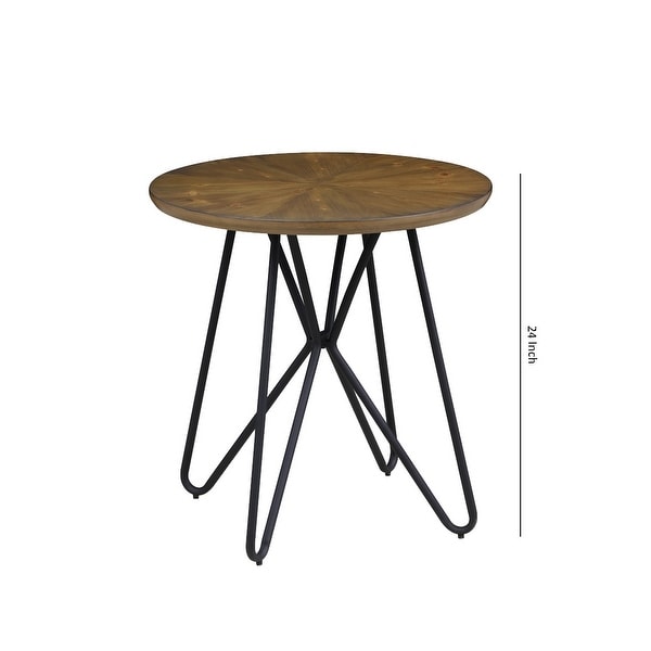 Dual Tone Round Wooden End Table with Metal Hairpin Legs， Brown and Black