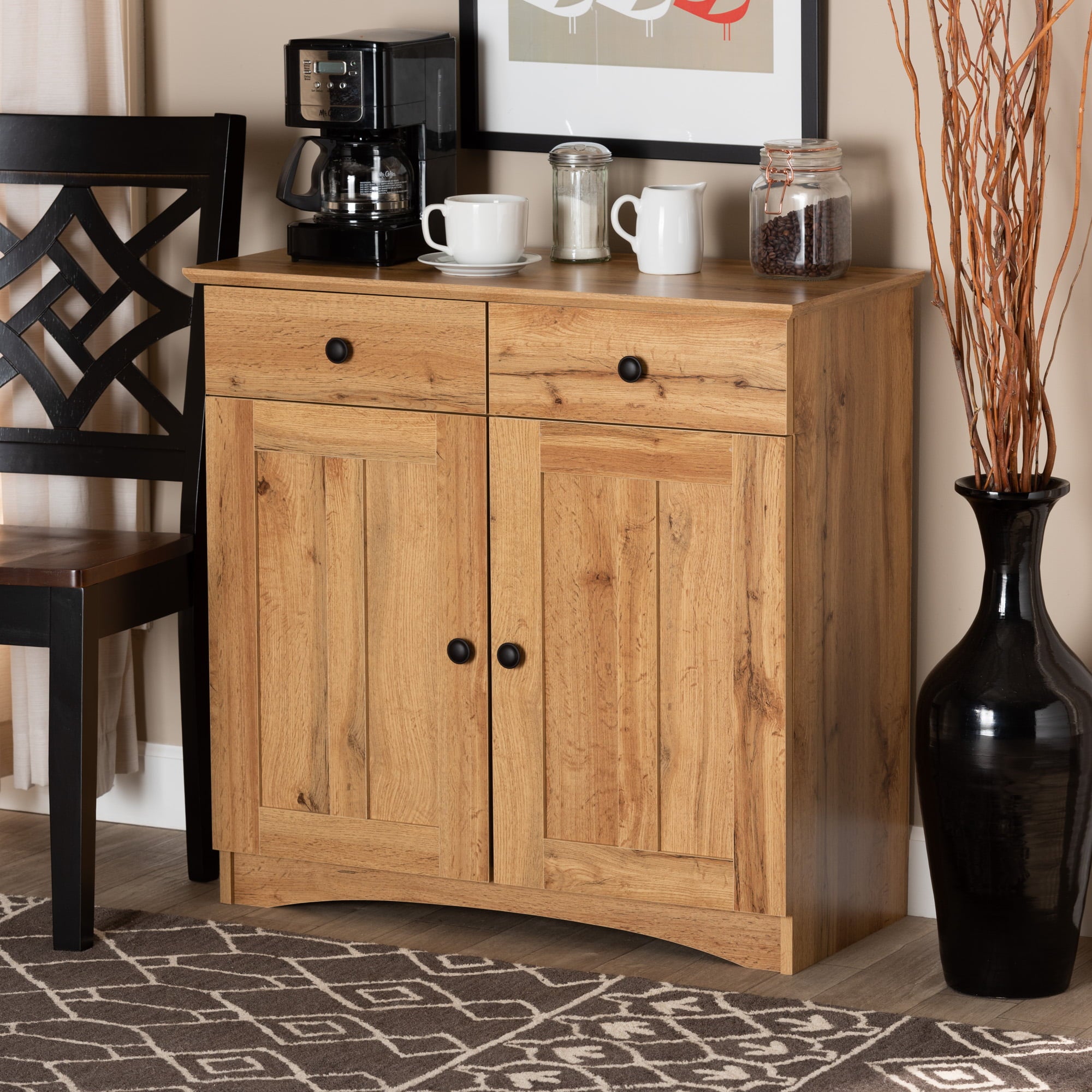 Baxton Studio Lauren Modern and Contemporary Oak Brown Finished Wood 2-Door Buffet Kitchen Cabinet