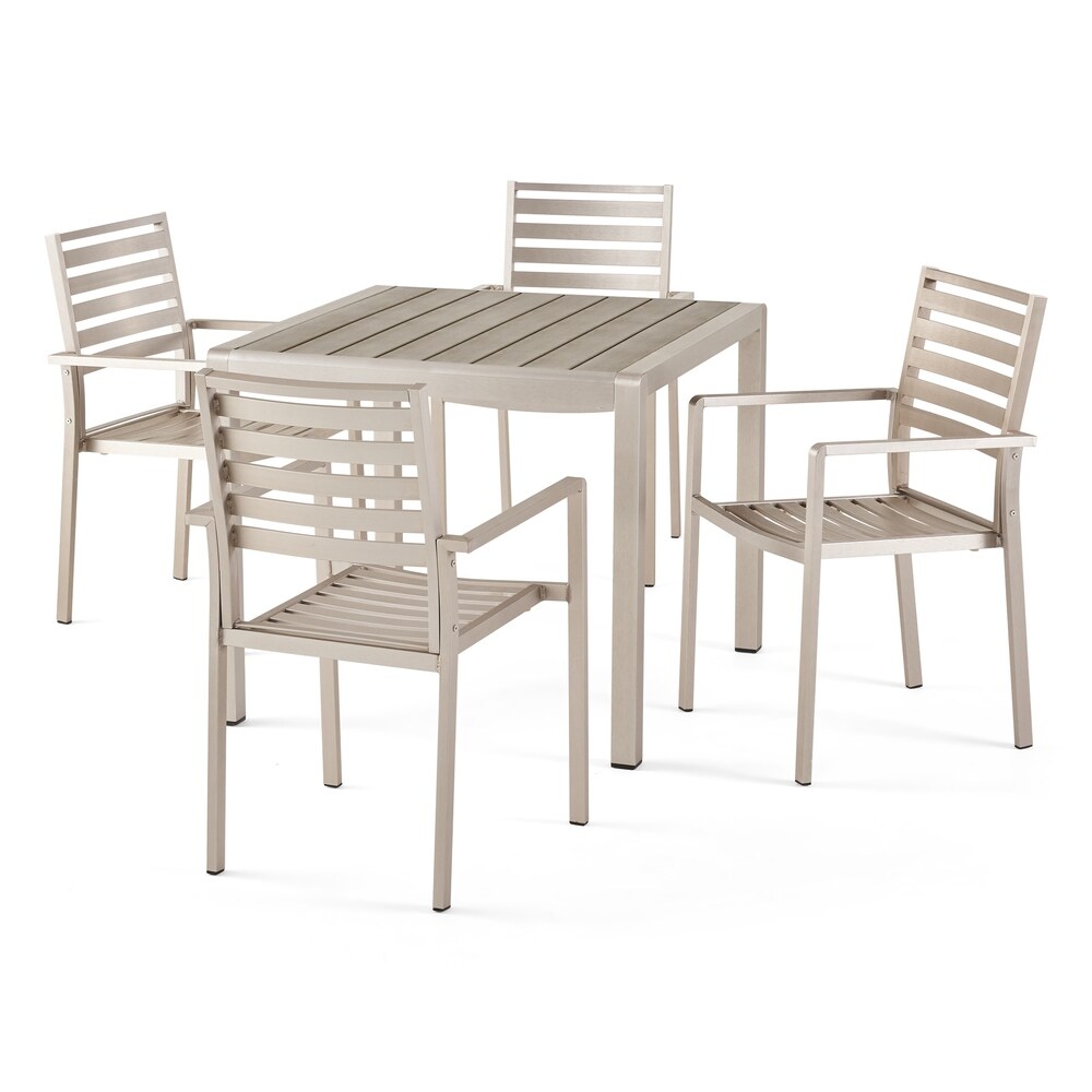 Cape Coral Outdoor Modern 4 Seater Aluminum Dining Set with Faux Wood Table Top by Christopher Knight Home