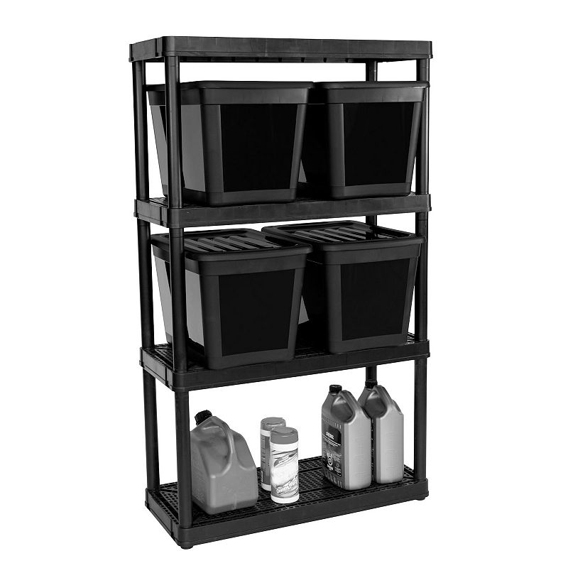 Gracious Living 4 Shelf Ventilated Garage Shelving + 4 Storage Bins and Lid， Black