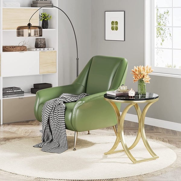 White/ Gold Modern Round End Side accent Table with Faux Marble Top， C Shaped Gold Legs Entryway Tables