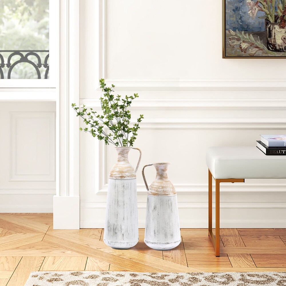 Distressed Off White and Rustic Brown Metal Pitcher Vase (Set of 2)