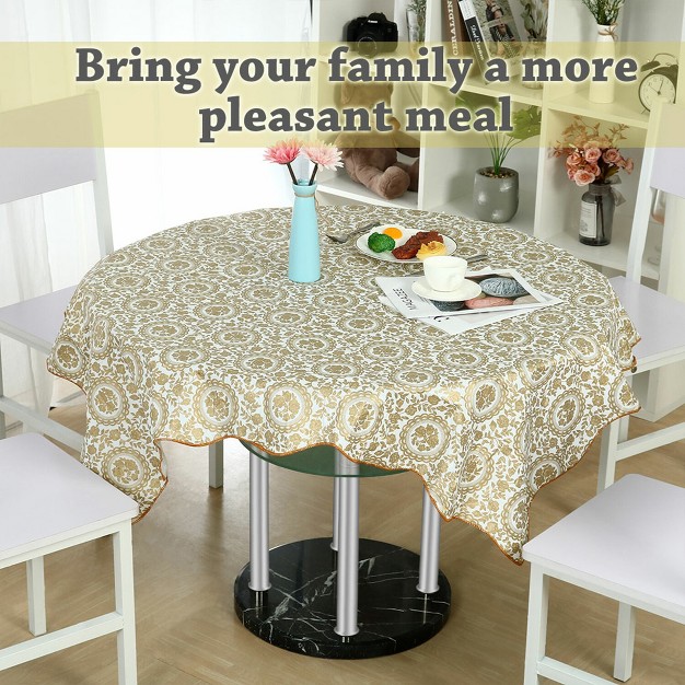 Dia Round Vinyl Water Oil Resistant Printed Tablecloths Golden Turntable Flower Piccocasa