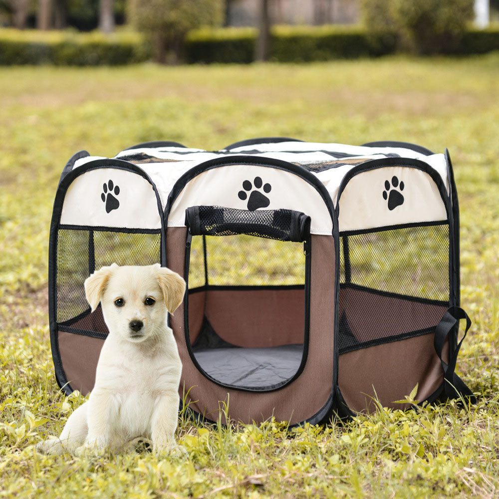 Outdoor Portable Pet Fence Playpen Puppy Kennel Octagonal Cage Cat Dog House Pet Delivery Room Pet Tent COFFEE