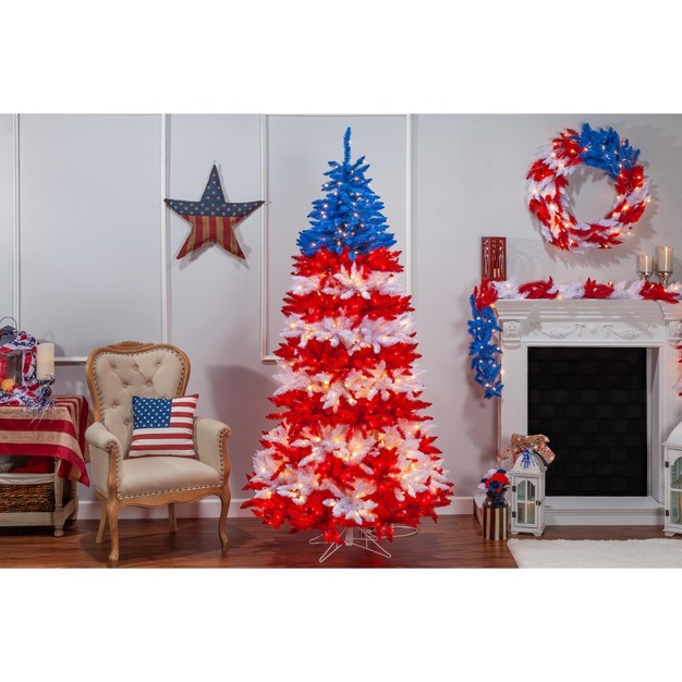 Sterling 7.5-foot Patriotic America Tree In Red， White And Blue With 1040 Clear Lights And 10 Twinkle Lights On Top Section