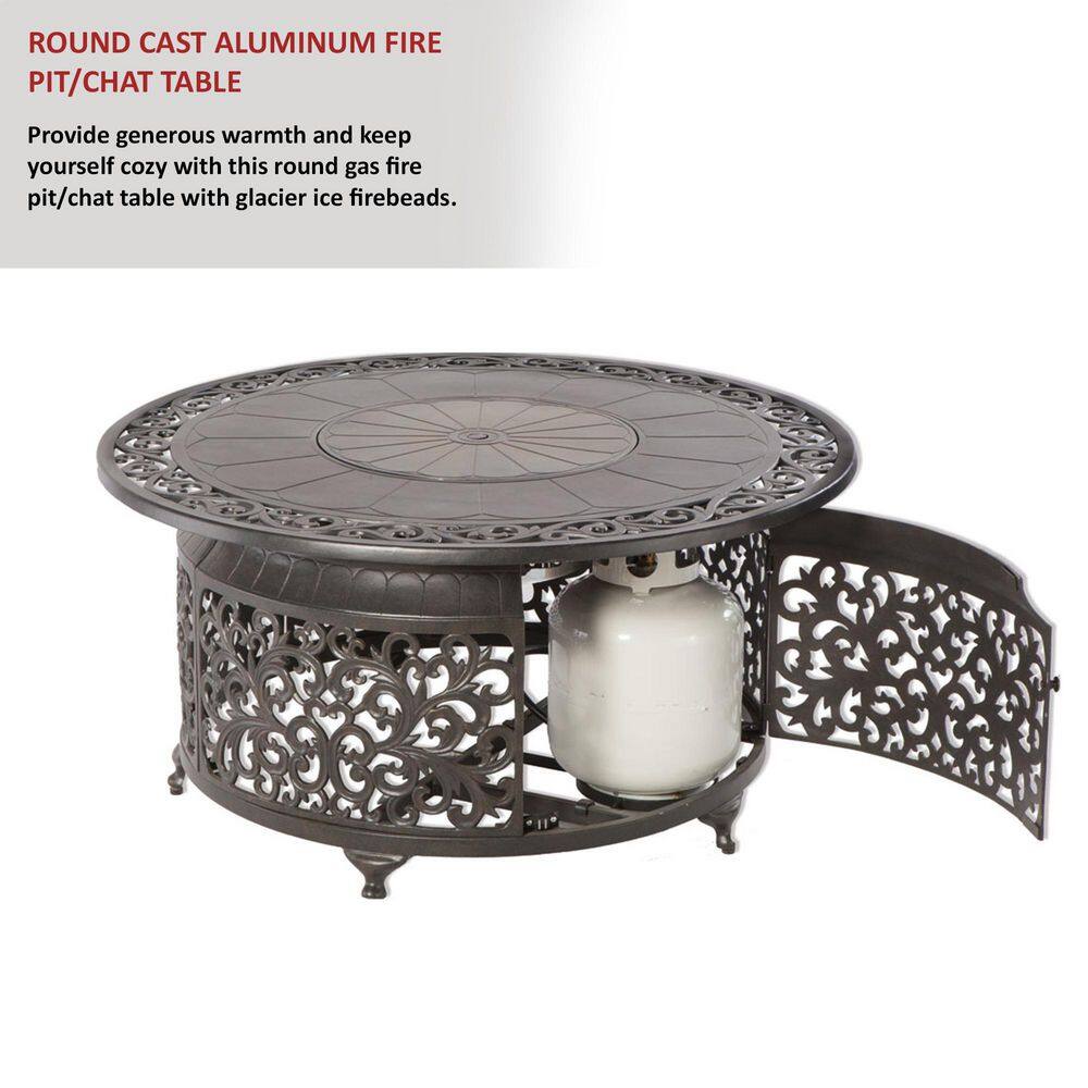 Alfresco Bellagio 22 in. x 48 in. Round Cast Aluminum Propane Gas Fire Pit Table with Glacier Ice Firebeads 55-3008