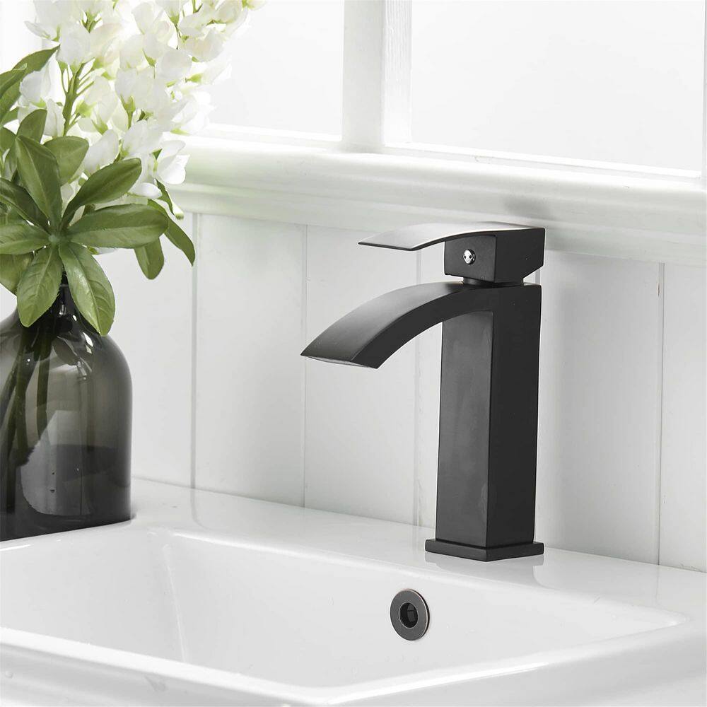 FLG Single-Handle Single-Hole Waterfall Bathroom Faucet Deck Mounted Bathroom Sink Faucet in Matte Black CC-0076-MB