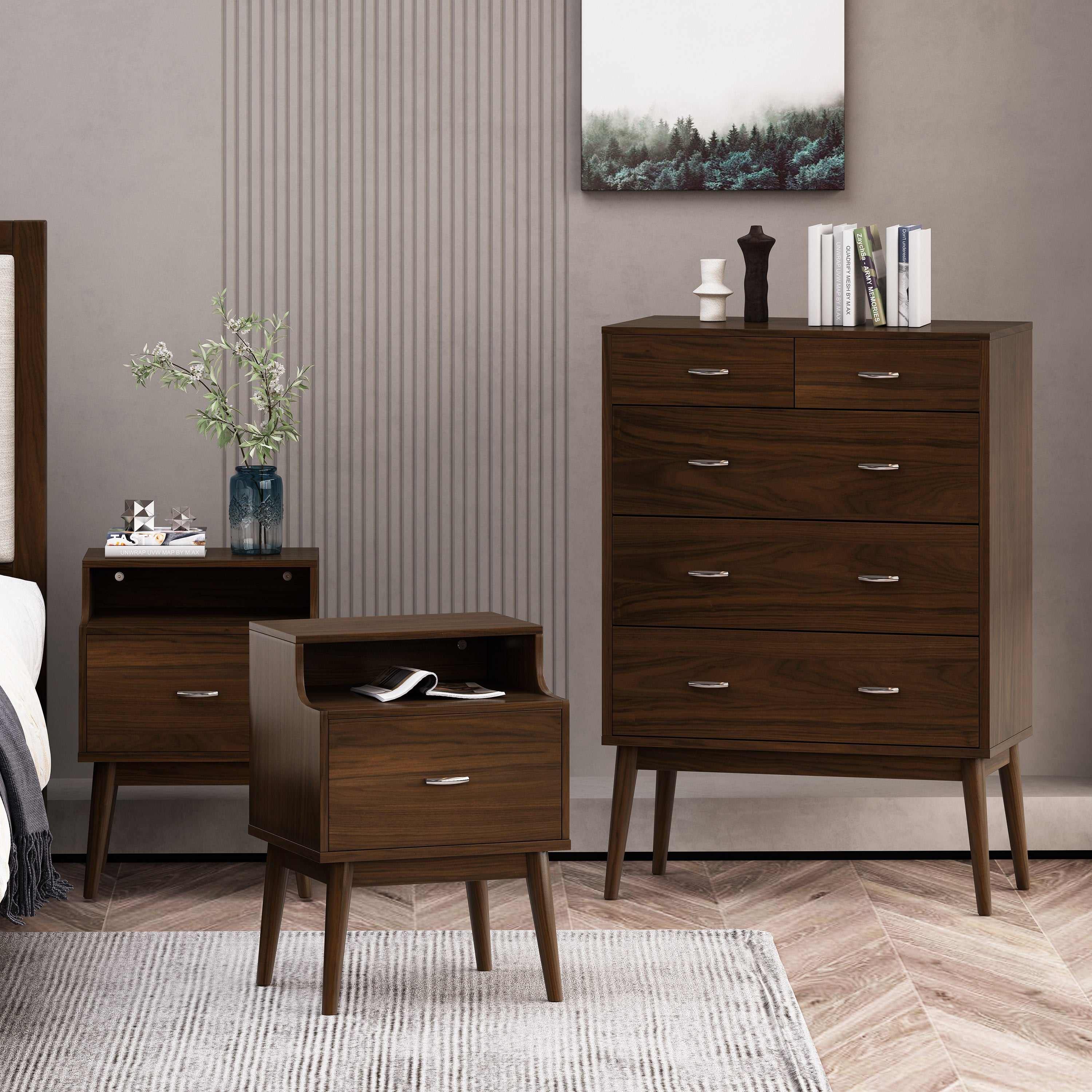 Wilbur Mid Century Wooden 3 Piece 5 Drawer Dresser and Nightstand Bedroom Set