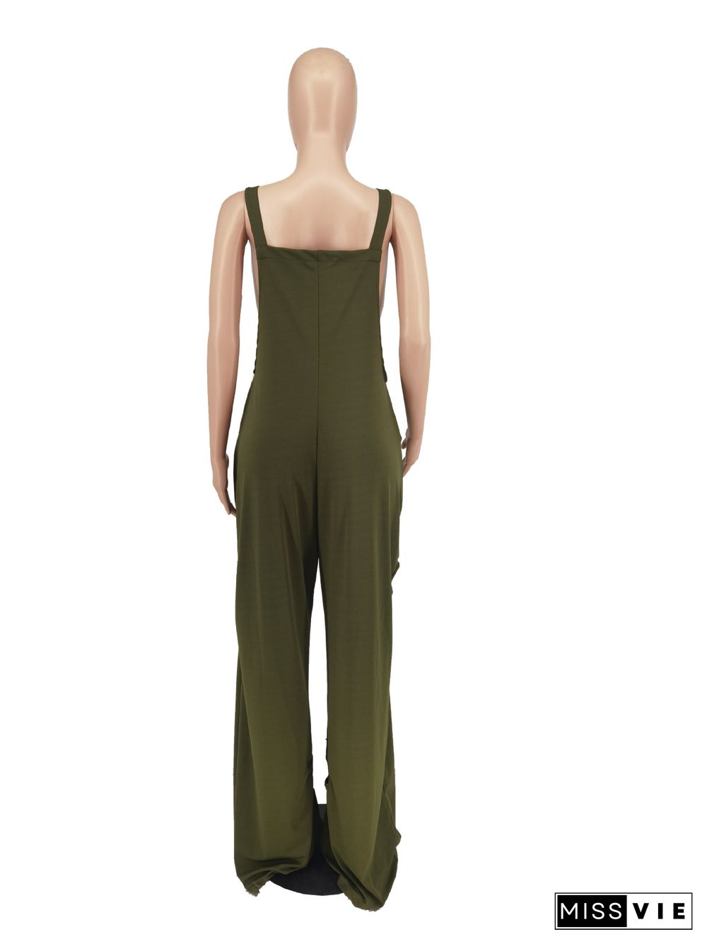 Solid Holes Loose Pockets Wide Leg Jumpsuits