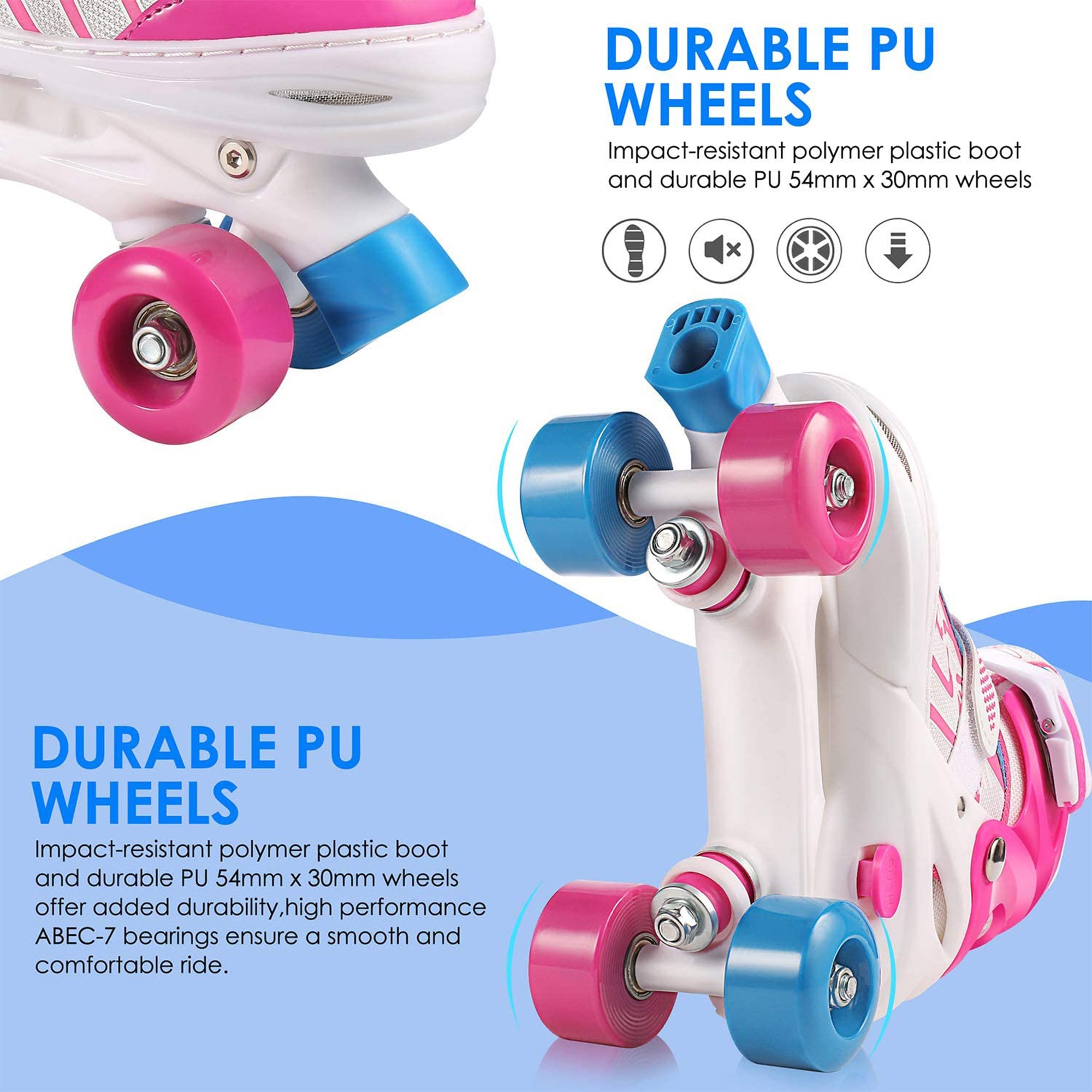 Kids Roller Skates Adjustable Pink M Size Comfortable Breathable and PVC Quad Roller Skates Suitable for Boys and Girls/Beginners Indoor and Outdoor