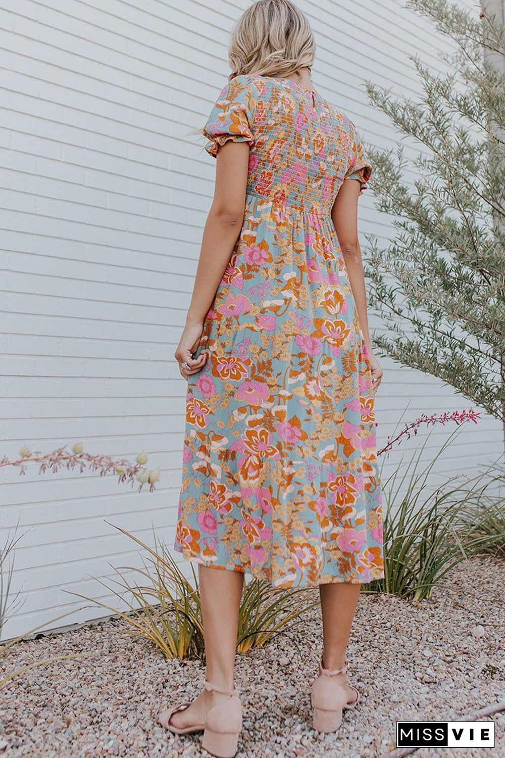 Sky Blue Floral Bubble Sleeve Smocked Flowy Ruffle Dress