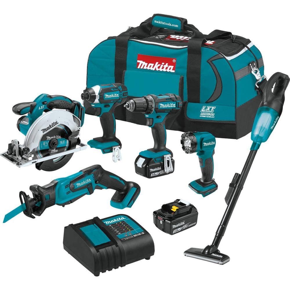 Makita 18V Lithium-Ion Cordless 6-Piece Kit (Drill-Driver/ Impact Driver/ Circular Saw/ Recipro Saw/ Vacuum/ Light) 3.0Ah XT614SX1