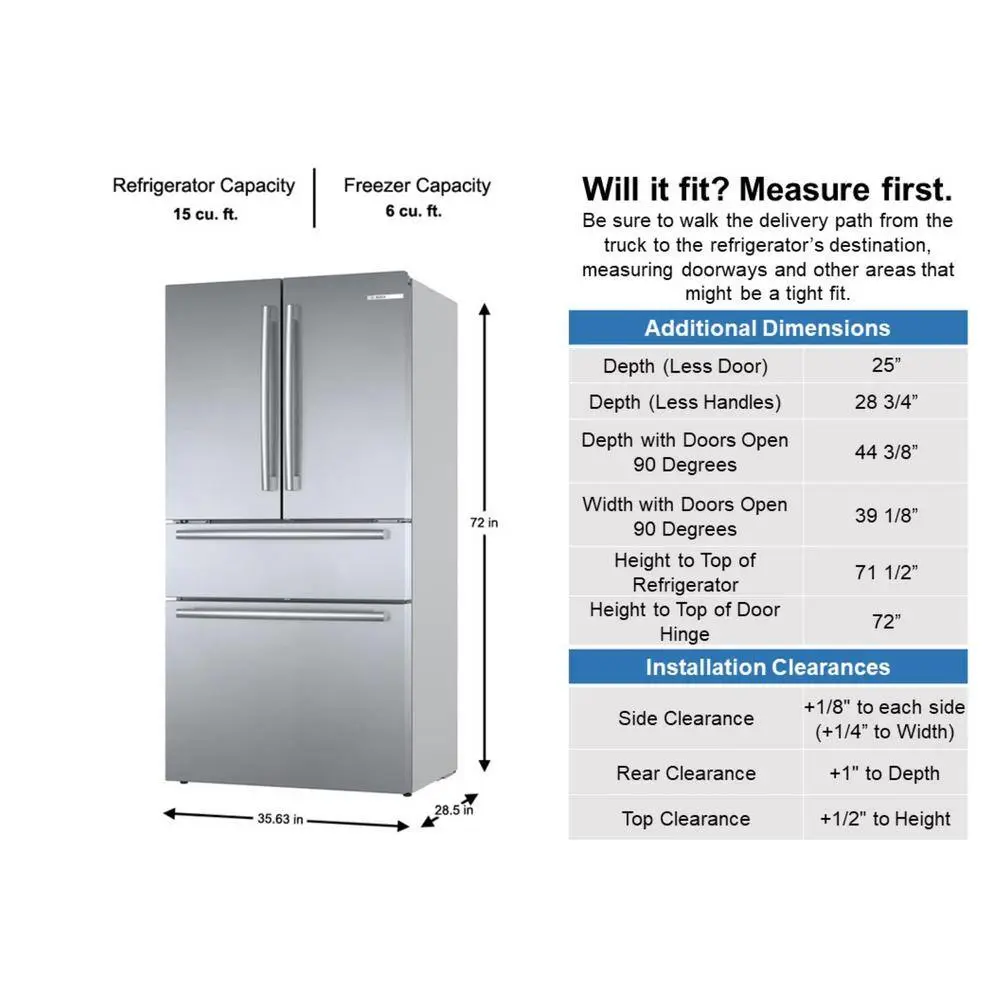 Bosch 800 Series 36 in. 21 cu ft Smart Counter Depth French Door Bar Handle Refrigerator in Stainless Steel with Ice and Water B36CL80SNS