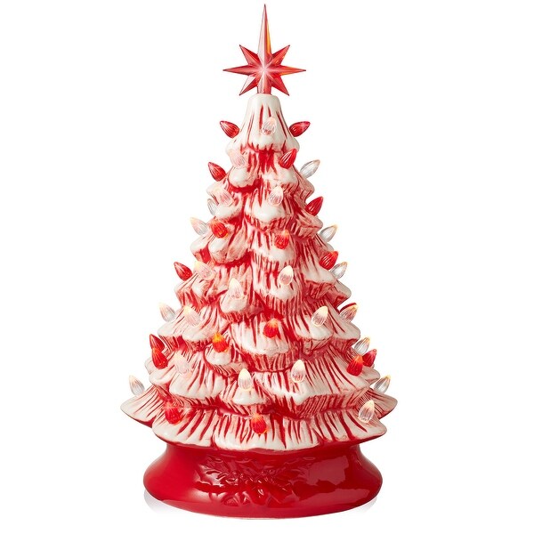 15Inch Red and White Ceramic Christmas Tree，Hand Painted PreLit