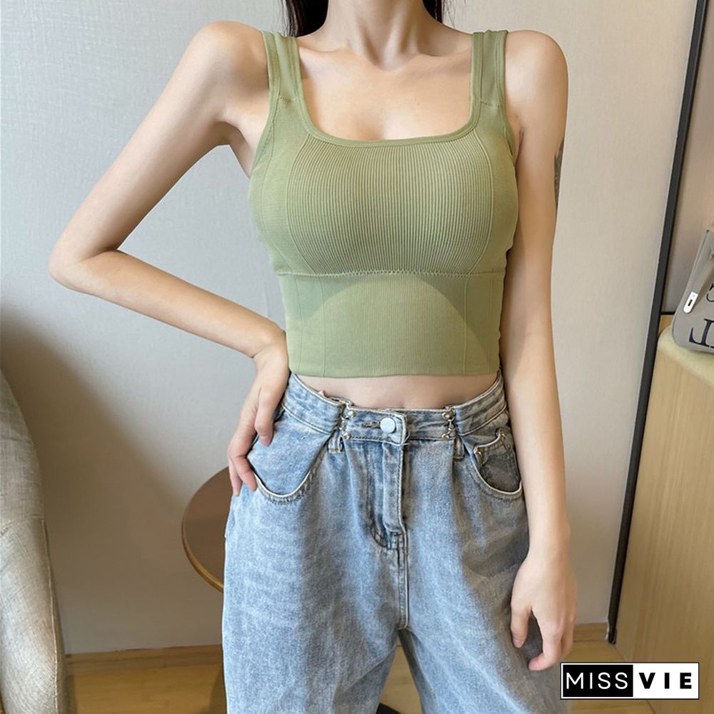 Women Sexy Crop Top Woven Tank Top Push Up Underwear Tube Top Square Collar With Pad Wireless Sports Padded Camisole