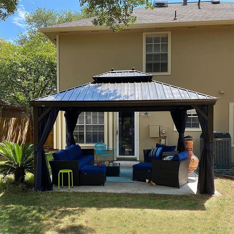 PURPLE LEAF Hardtop Aluminum Gazebo with Curtains and Netting  Double Roof Patio Gazebo