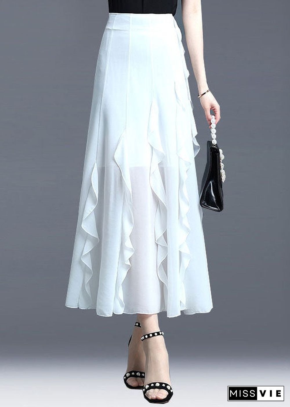 Fitted White Ruffled Patchwork Chiffon Skirts Summer