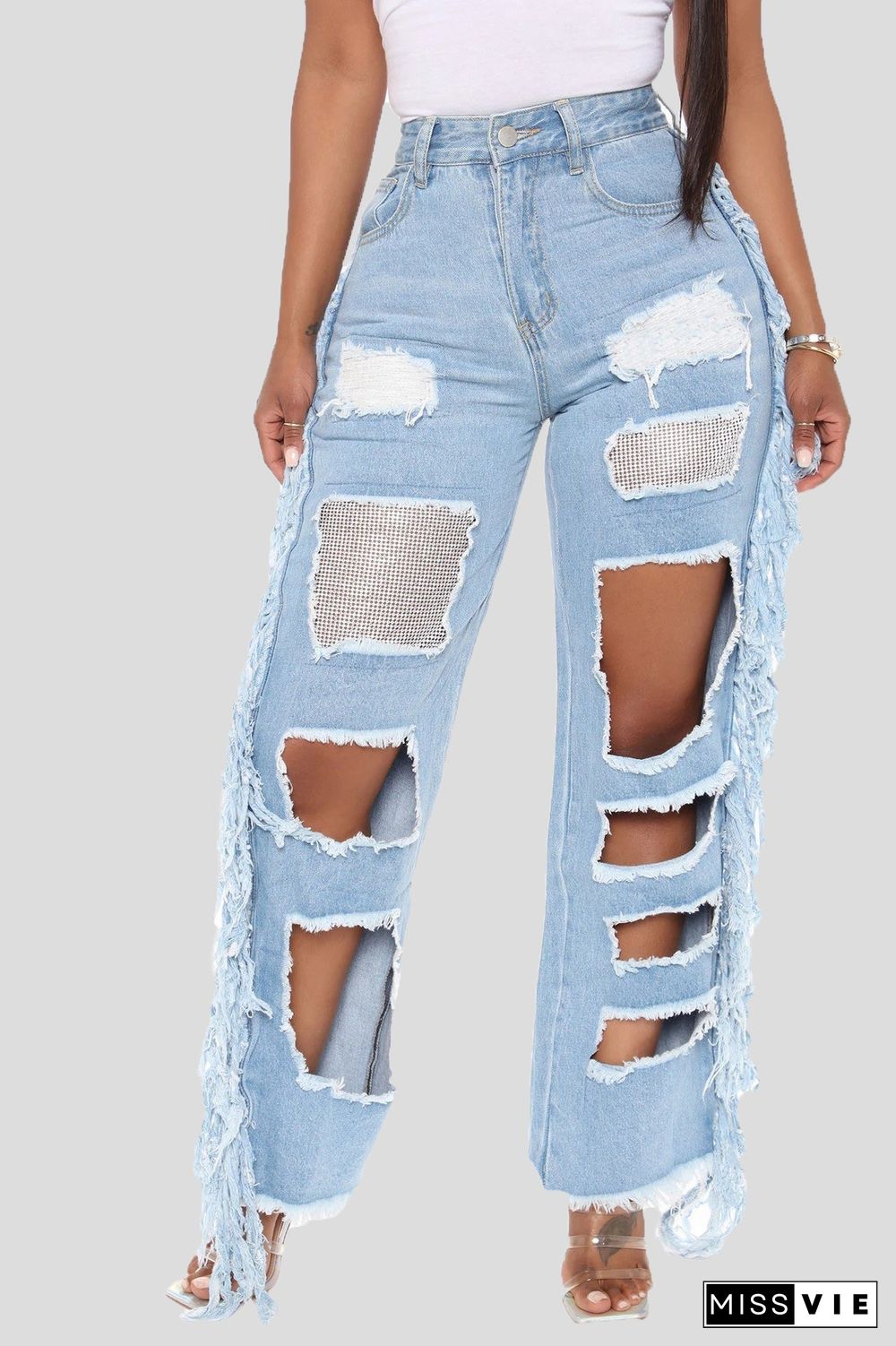 Women'S Jeans Hot Drill Ripped Fringed Jeans