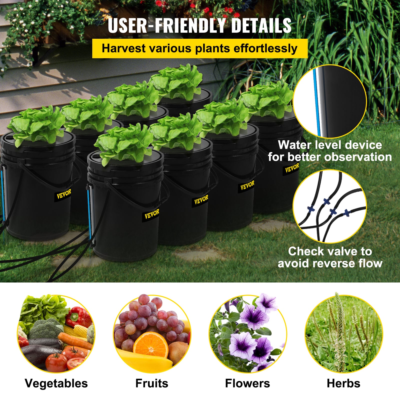 VEVOR DWC Hydroponic Bucket System， 5 Gallon 8 Buckets， Deep Water Culture Growing Bucket， Hydroponics Grow Kit with Pump， Air Stone and Water Level Device