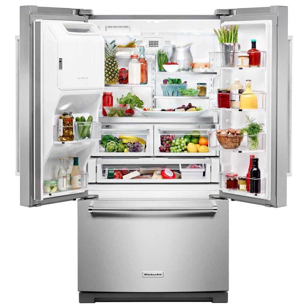 KitchenAid 27 cu. ft. French Door Refrigerator in PrintShield Stainless with Exterior Ice and Water KRFF507HPS