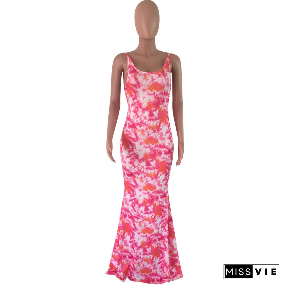 Tie Dye Sleeveless Open Back Floor Length Dresses