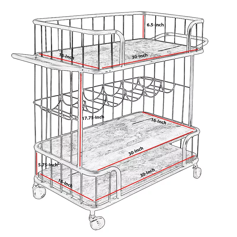 Metal Frame Bar Cart with Wooden Top and 2 Shelves， Black and Brown