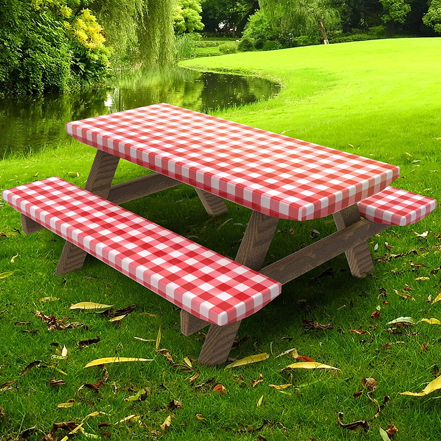 UMINEUX Picnic Table Cover with Bench Covers Fitted Table Clothes for 6 Foot Rectangle Tables Vinyl Flannel Backing with Elastic Edge -for Outdoor/Indoor Party&Dining(30x72 Inch,3-Pieces, Red Plaid)