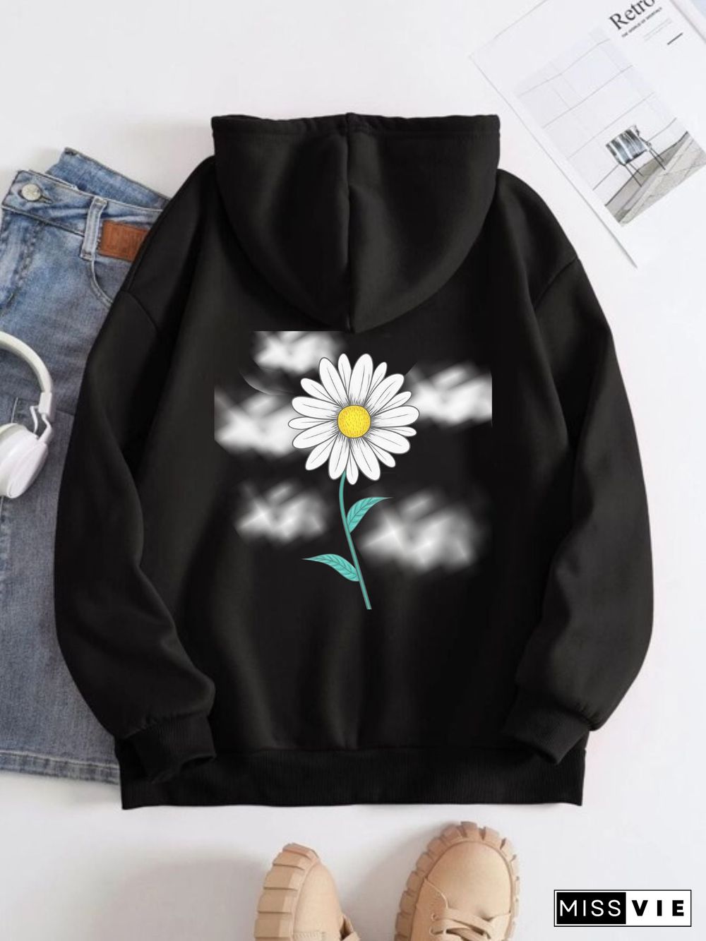 Printed on the Back Kangaroo Pocket Hoodie Long Sleeve for Women Pattern Flower