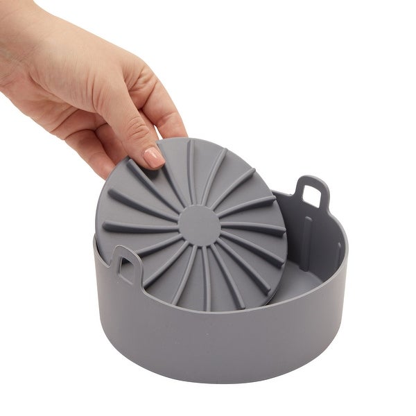 4-Piece Set Silicone Pot Basket with Handles， Brush， Tongs for Air Fryer Liner (6.3 In， Gray)