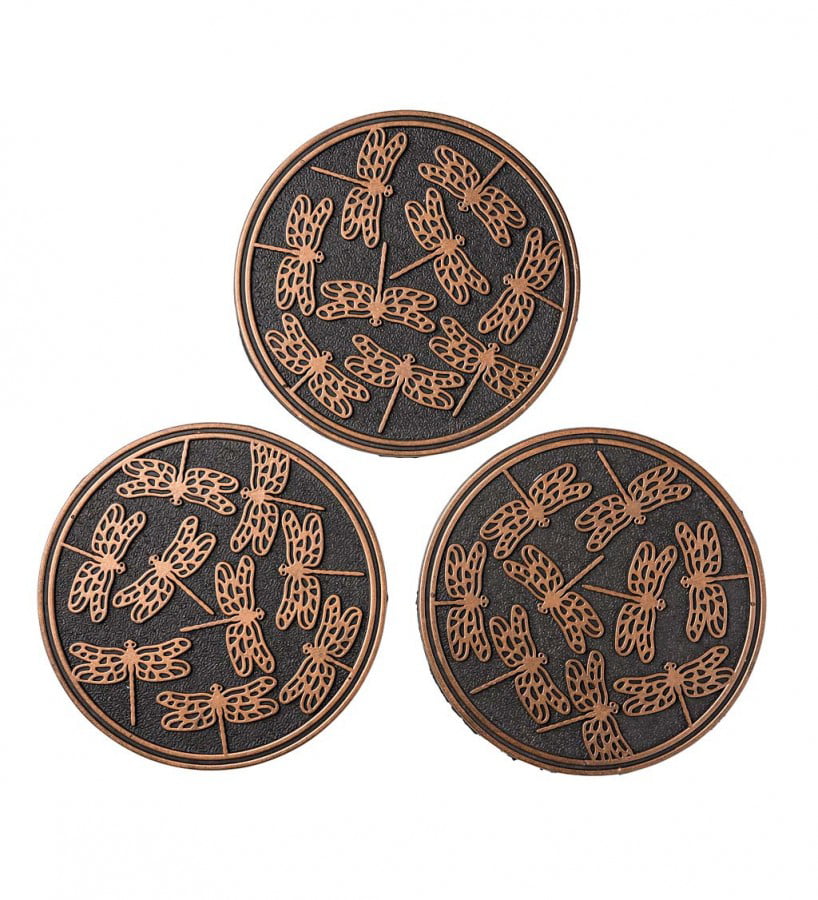 Plow & Hearth Recycled Rubber Stepping Stones, Set of 3 - Copper Dragonflies