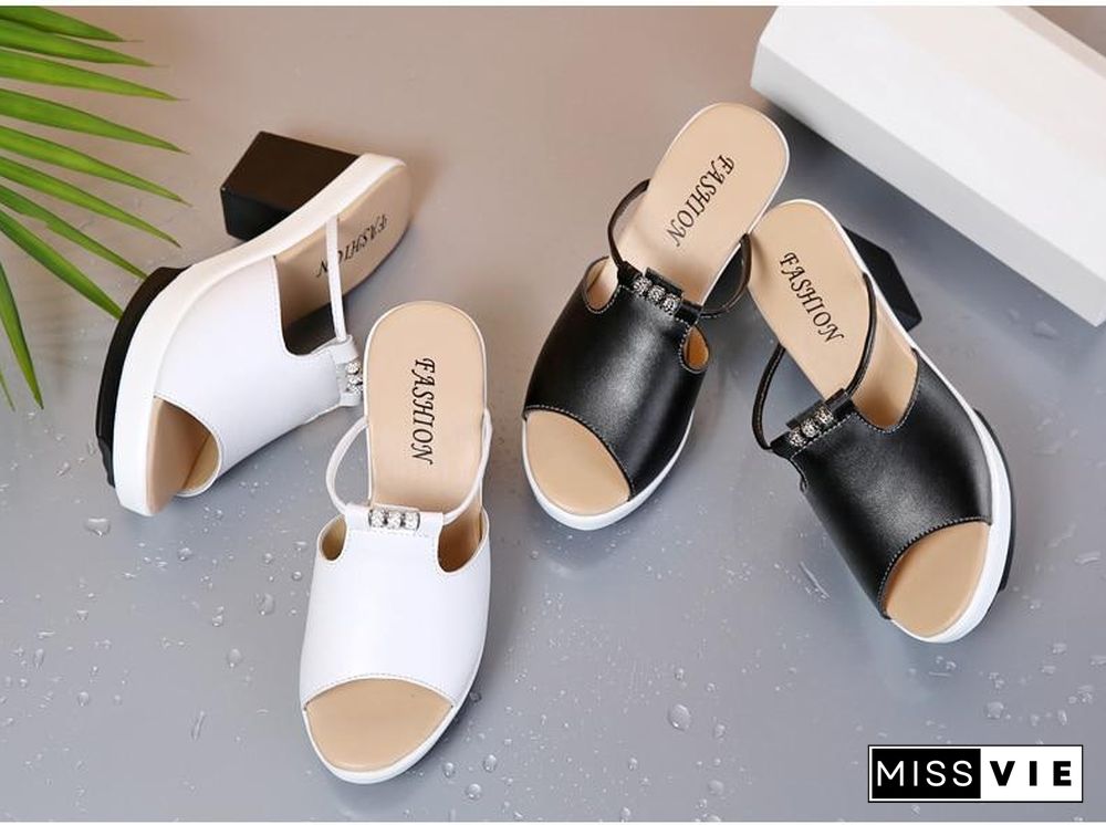 Summer Women Leather Slip On Slippers Casual Mature Square Heel Sandals