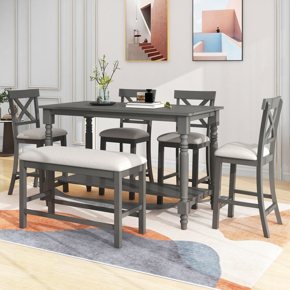 6 Piece Dining Table Set  Table with Shelf  4 Chairs and Bench