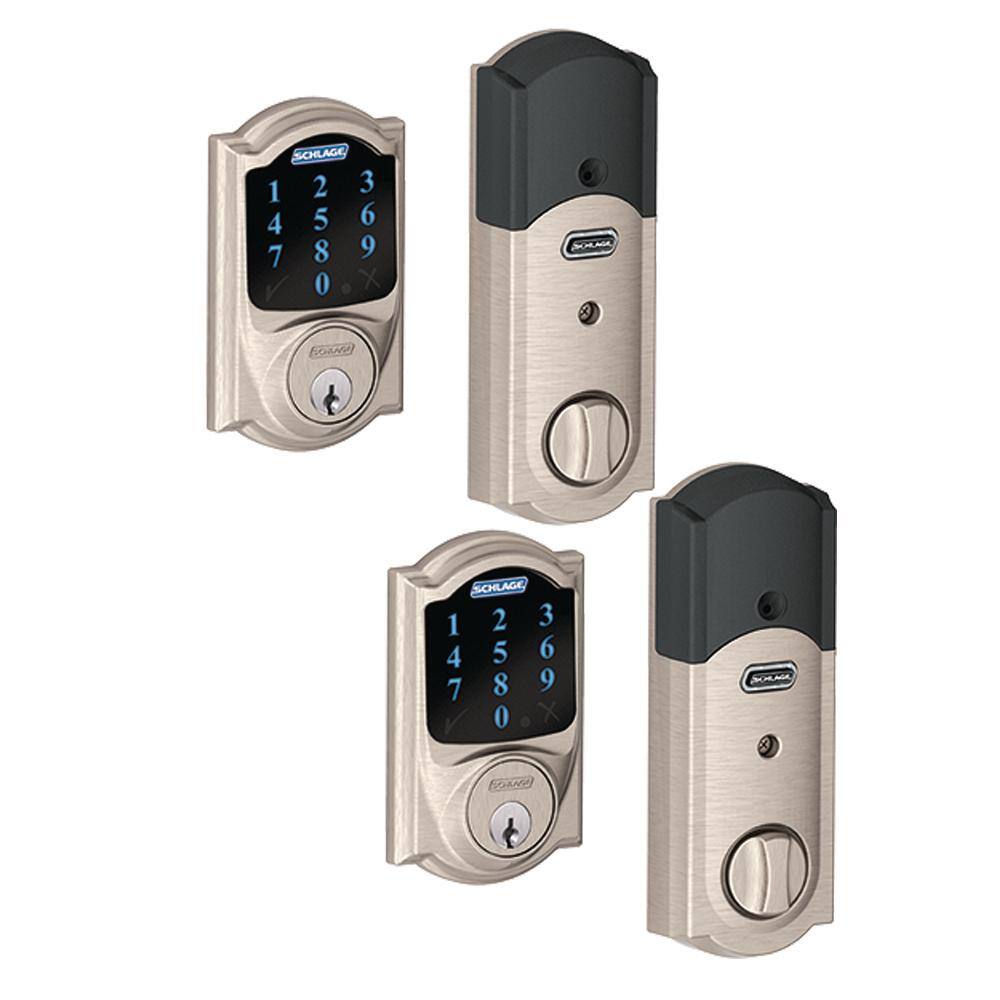 Schlage Camelot Satin Nickel Connect Smart Door Lock with Alarm (2-Pack) BE469NX V CAM 619 2P