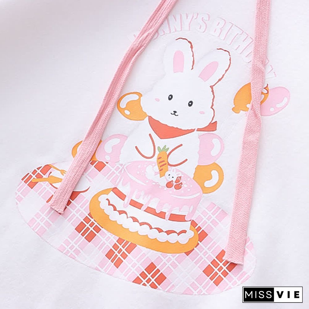 Cartoon Bunny Duck Print Colorblock Plush Hoodie