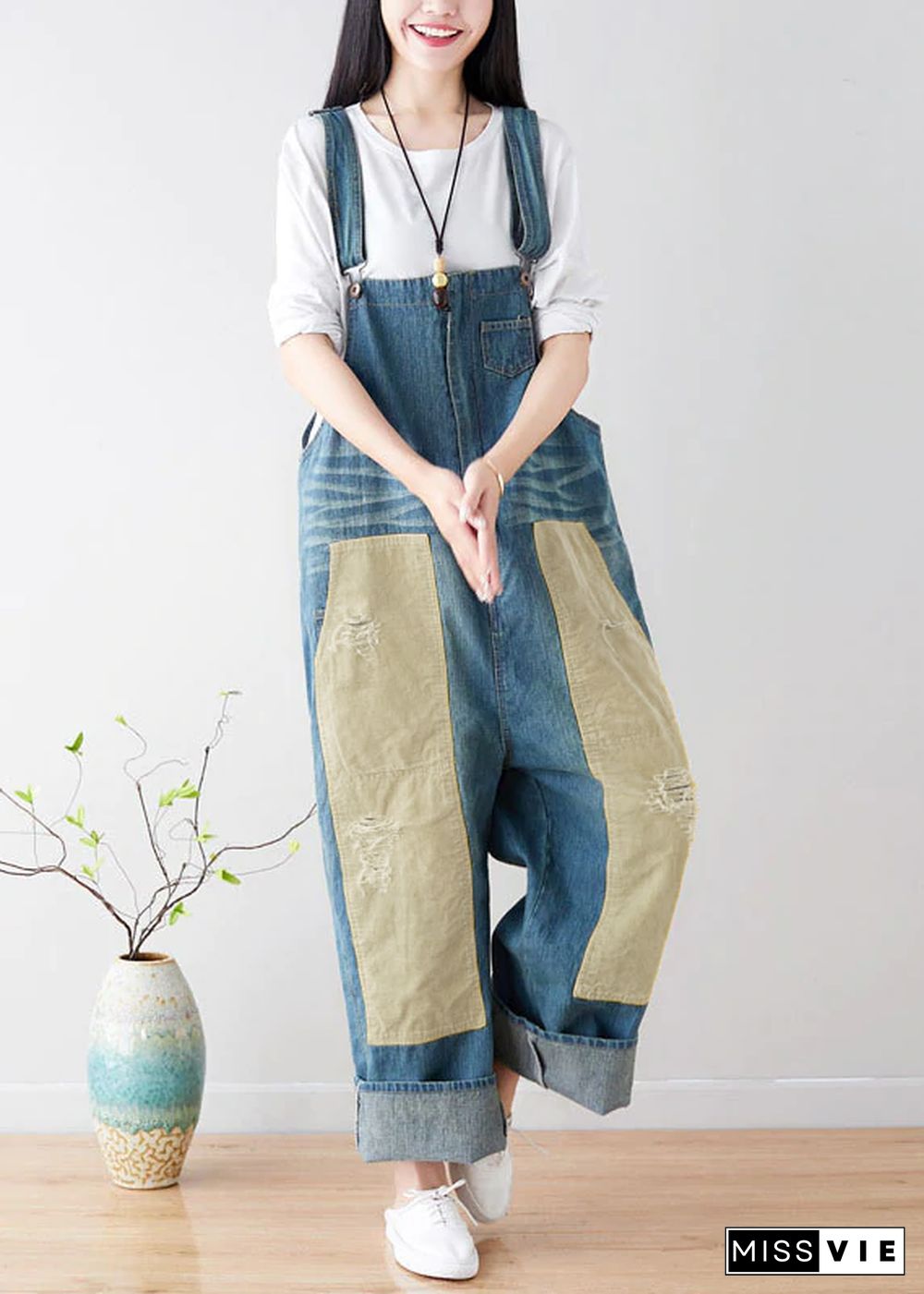 Natural Blue pockets Patchwork denim Jumpsuits Spring