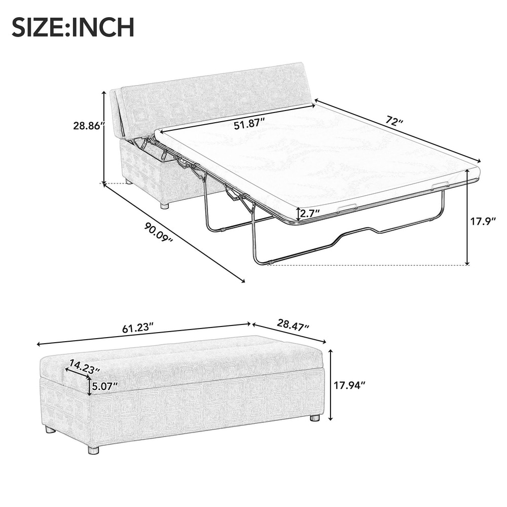 Full Size Folding Pull out Ottoman Sleeper Bed with Mattress Convertible Guest Bed  Linen Upholstered Sleeper Sofa