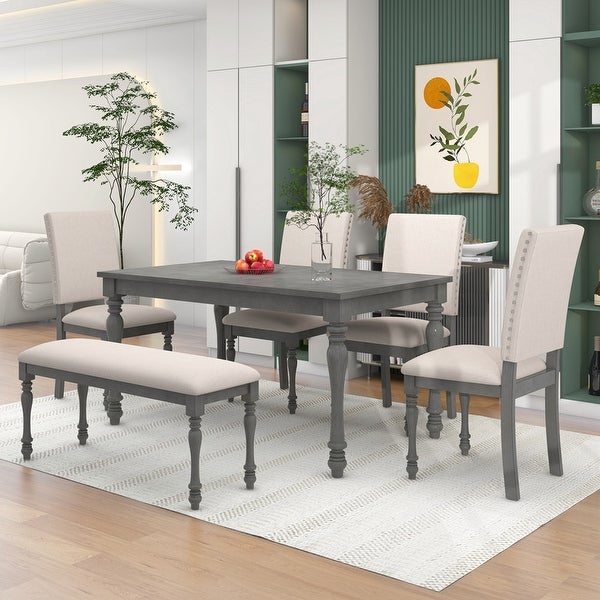 Designed 6-piece dining table set with wooden dining table， 4 upholstered chairs， nail head trim and kitchen dining bench