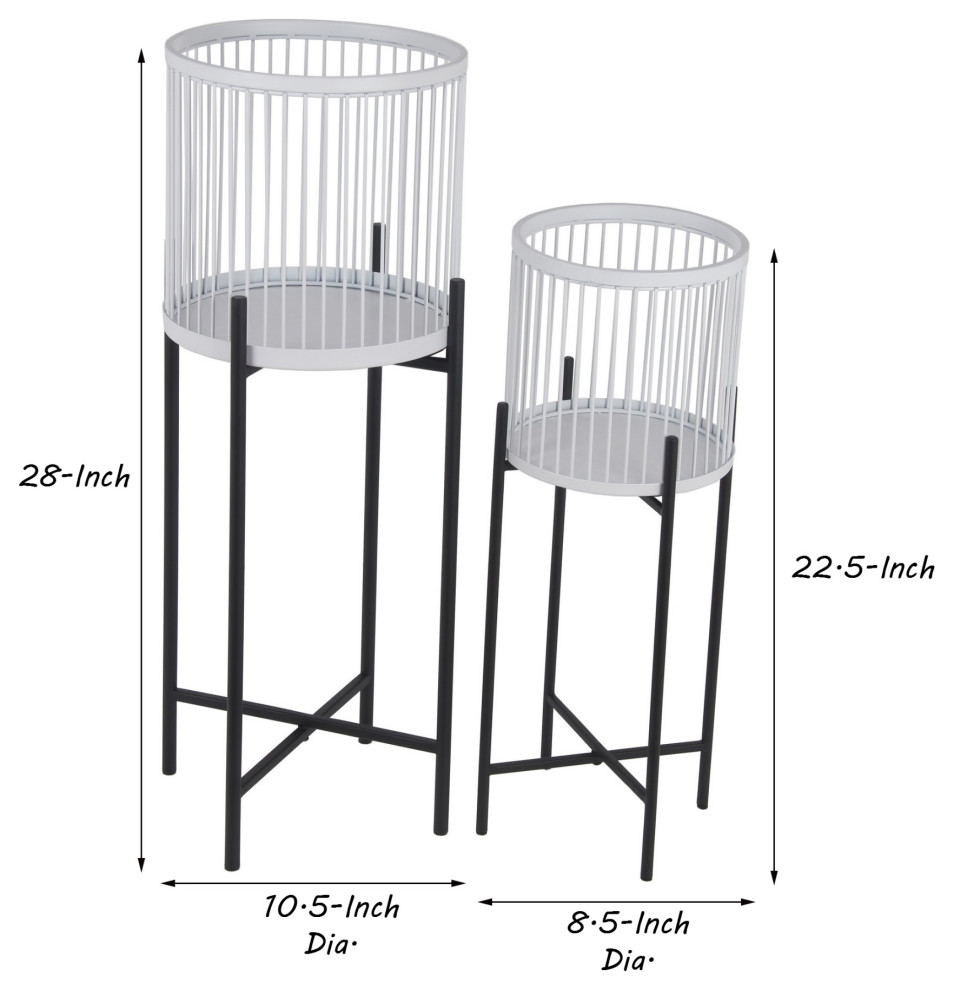 Cylindrical Cage Metal Frame Plant Stand With Tubular Legs  Set of 2  White   Transitional   Outdoor Pots And Planters   by Virventures  Houzz