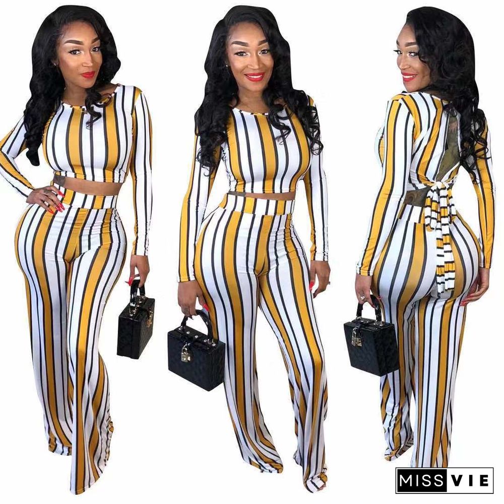 Casual Striped Round Collar Wide-legs Pants Set 2 Pieces