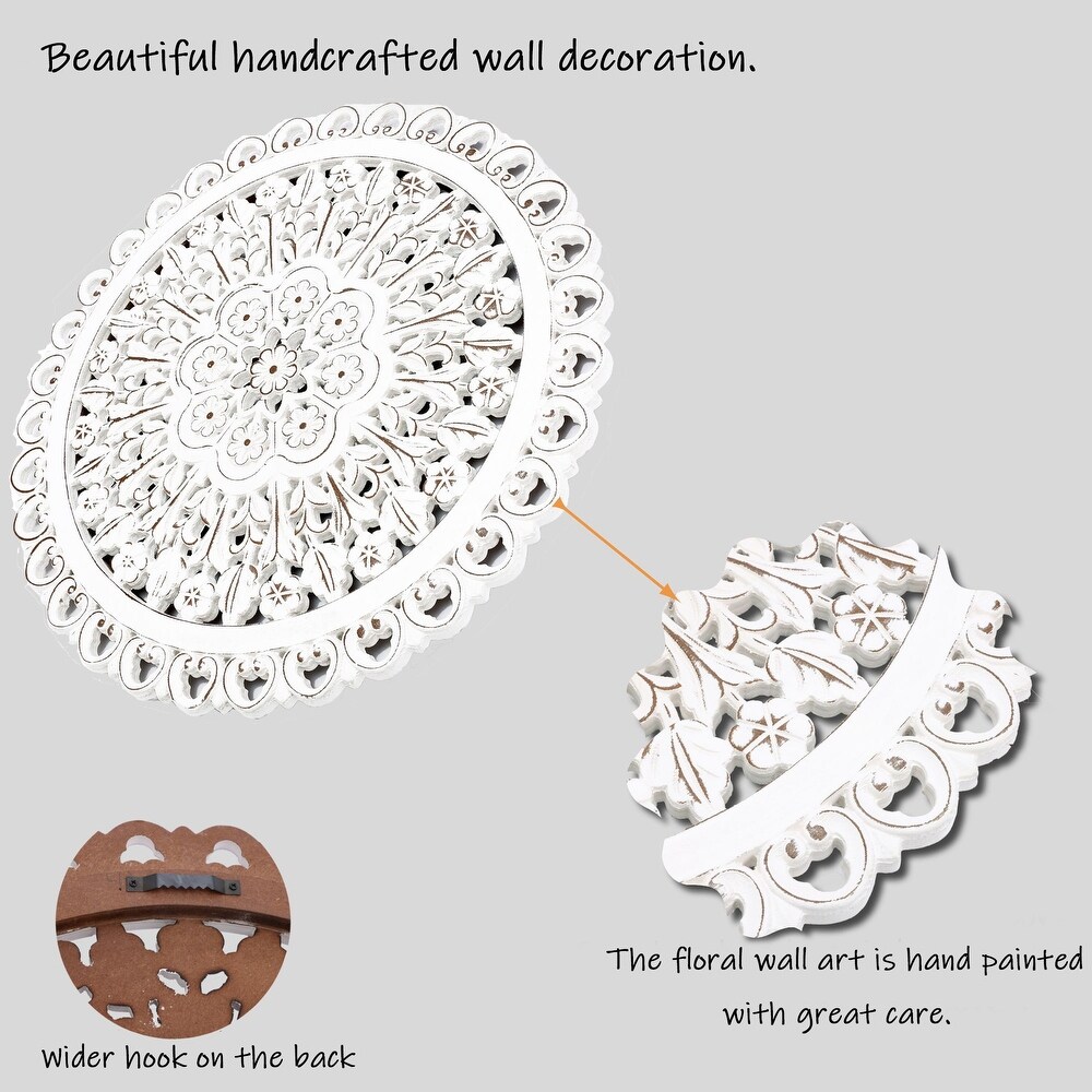 Distressed White Wood Flower Round Wall Art Decor