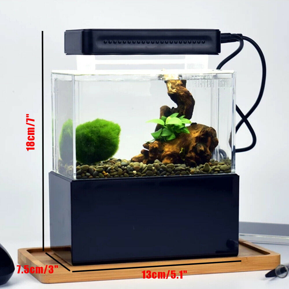 Mini Aquarium Fish Tank Desktop Led Light Goldfish Bowl Quiet Air Pump Creative Desktop Aquarium Fish Tank Acrylic Aquarium Kit with Water Filtration Clear LED Fish Tank Goldfish Shrimp Tank Black