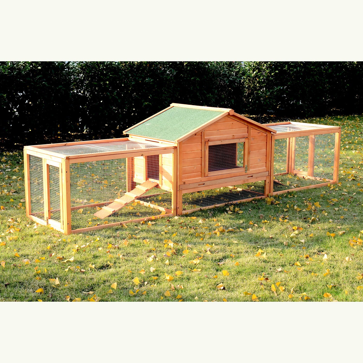 Pawhut 2-Story Large Wooden Rabbit Hutch Pet House with Ramps， Lockable Doors， Run Area and Asphalt Roof for Outdoor Use